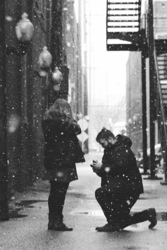 Proposal on the street, in the falling snow. Let’s Get Hitched: The Things To Think About To Help You POP The Question