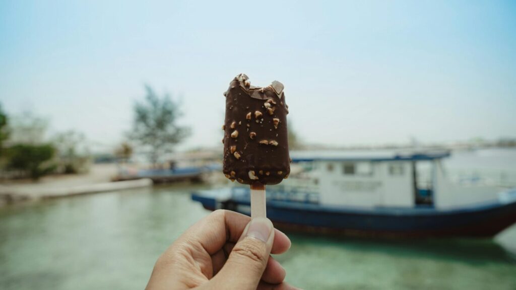 Hand holding a chocolate ice cream bar with nuts against a scenic waterfront backdrop with a boat.