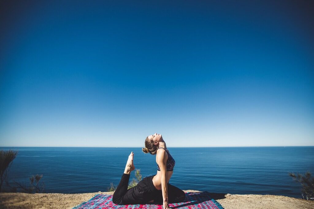 woman, yoga, coast, exercise, fitness, lifestyle, ocean, person, relaxing, sea, seaside, shore, stretching, water, workout, wellness, stretch, nature, yoga pose, international yoga day