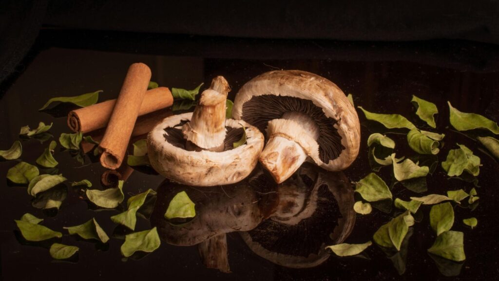Fresh portobello mushrooms paired with cinnamon sticks and green leaves on a reflective surface for a natural, earthy composition.