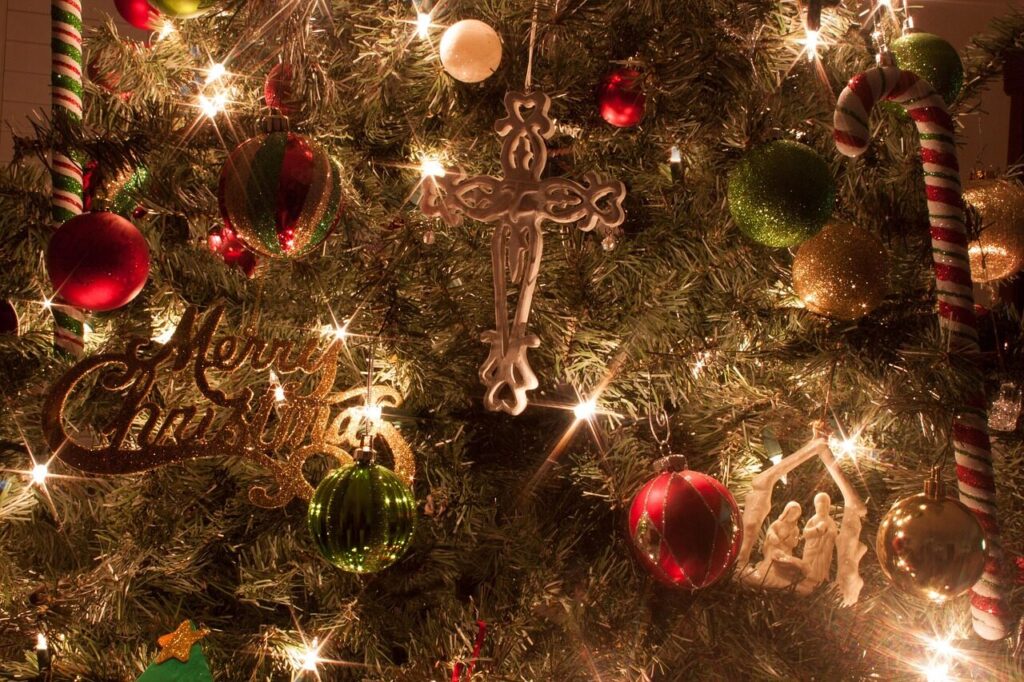 christmas tree, ornaments, cross, manger, merry christmas, christmas, tree, holiday, xmas, ornament, celebration, nature, ball, decoration, decorating, seasonal, brown cross, brown celebrate