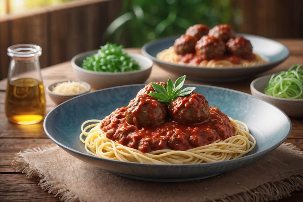 ai generated, spaghetti, meatballs, pasta, food, yummy, meal, delicious, dinner, lunch, nutrition